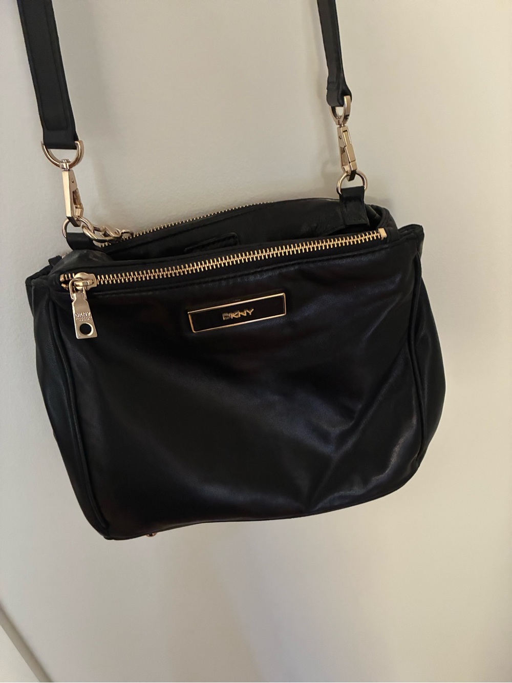 DKNY Black Leather Crossbody with Gold-Tone Trim